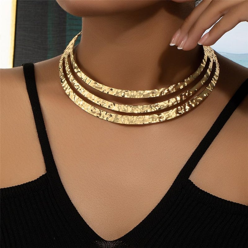 Hewill Store قلادة ذهبية سميكة قلادة بيان كبيرة للنساء قبيلة أفريقية طوق معدني عريض مجوهرات - Image 2